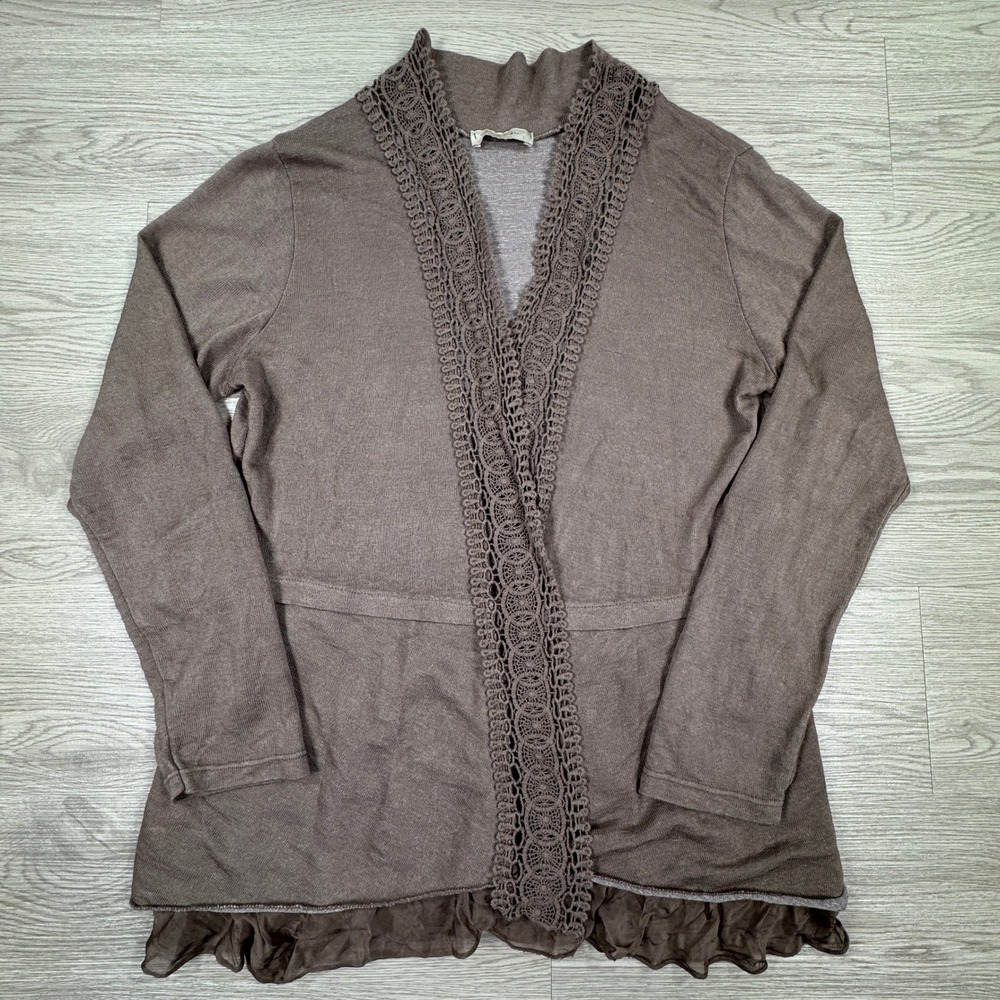 Bellambra Women Cardigan‎ Taupe Brown L Crochet Lace Trim Silk Blend Hem
